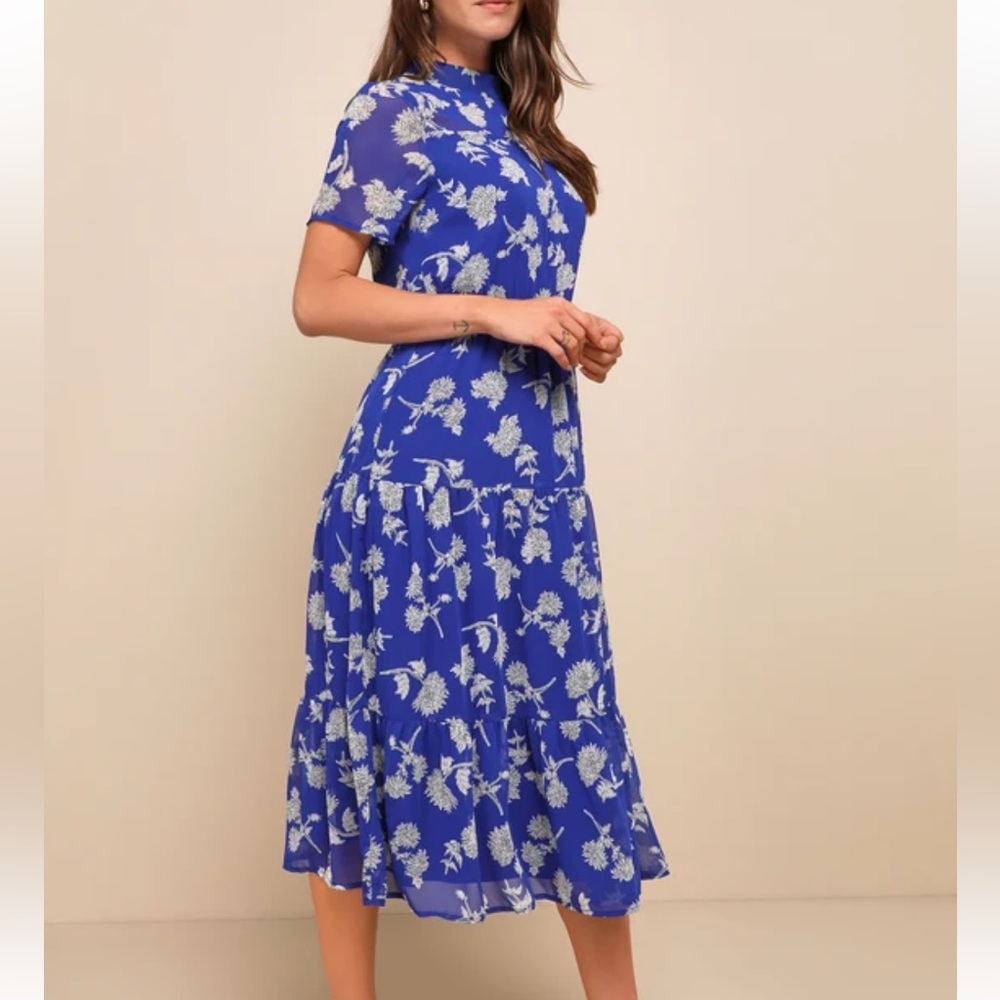 Lulus Floral Print Royal Blue Midi Dress XS/S - Picture 2 of 12